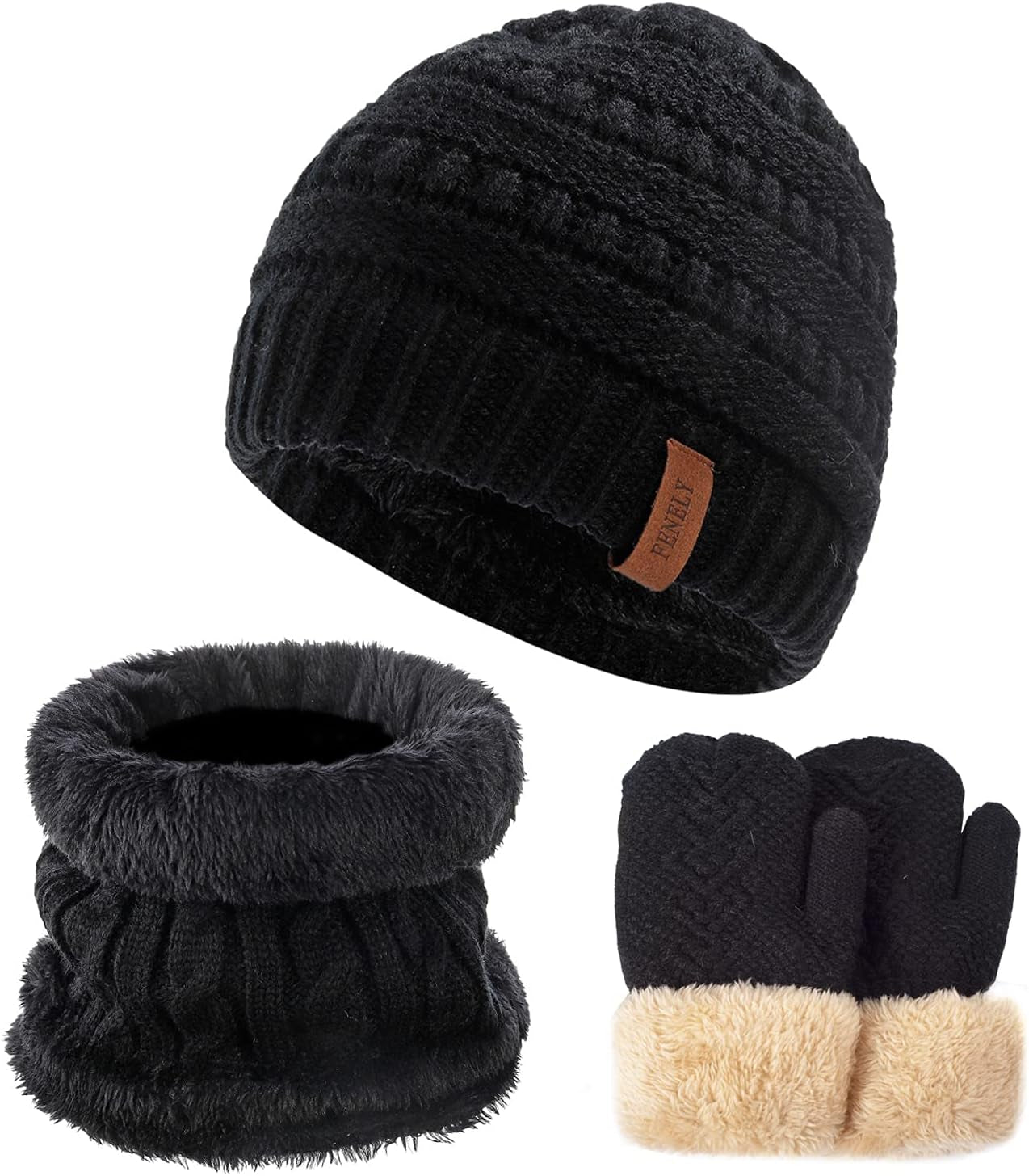 3Pcs Kids thermal Winter Beanie Hat Scarf Gloves ages 6-14