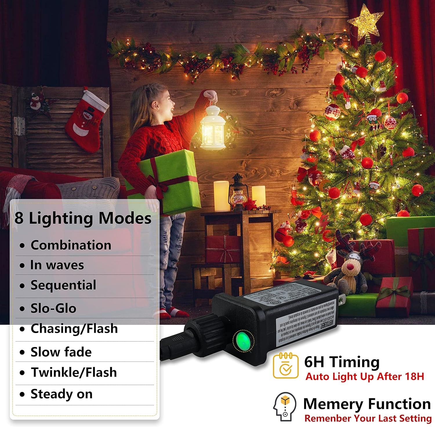 Christmas Tree Lights - 400 LED Indoor/Outdoor Lights, 6.6FT x 16FT, 8 Modes, Memory Function, Timer, Warm White.